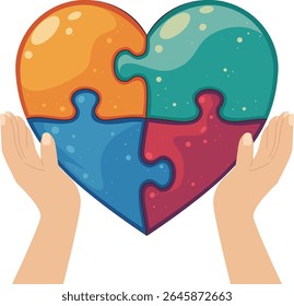 Bright vector illustration of a heart made of four colorful puzzle pieces and two human hands. Symbol of love, unity, teamwork, connection, autism awareness, relationship, cooperation, and diversity