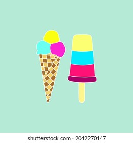 Bright vector illustration with ice cream on a blue background.