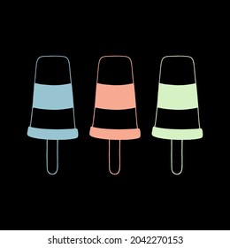 Bright vector illustration with ice cream on a stick. Contour drawing on a black background.