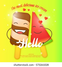 Bright vector illustration of ice cream. Funny characters. Isolated illustration of a dairy product.