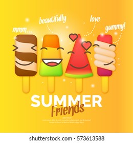 Bright vector illustration of ice cream. Funny characters. Isolated illustration of a dairy product.