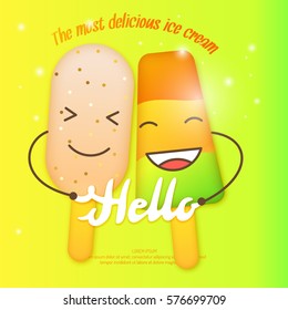 Bright vector illustration of ice cream. Funny characters. Isolated illustration of a dairy product.