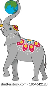 Bright vector illustration of an Indian painted elephant with patterns and mandala on its back and ears. Ganesha holds the Earth in his trunk. Indian festival.