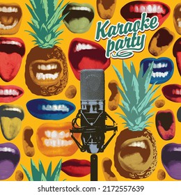 Bright vector illustration for karaoke party with colorful singing mouthes, grimasing pineapples and microphone on a yellow background. Suitable for music poster, advertising banner, invitation, flyer