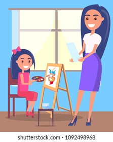 Bright vector illustration of lesson in Arts Classroom depicting young teacher training her pupil with easel and palette how to draw.