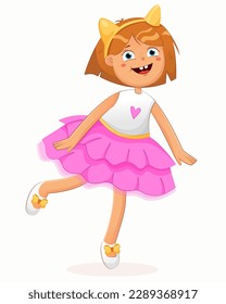 Bright vector illustration of a little girl.Happy child in a beautiful pink skirt and headband with cats ears