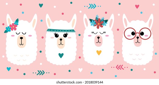 Bright vector illustration with llamas. for postcards, children's gifts, covers, invitations, backgrounds.