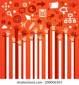 Bright vector illustration lots of male hands are lifted upwards on a gray background with different application icons