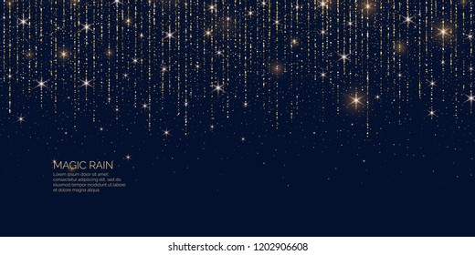 Bright vector illustration Magic rain of sparkling glittery particles lines on a dark background.