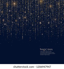 Bright vector illustration Magic rain of sparkling glittery particles lines on a dark background.