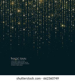 Ilustración vectorial brillante Magia lluvia de partículas brillantes líneas en un fondo oscuro.