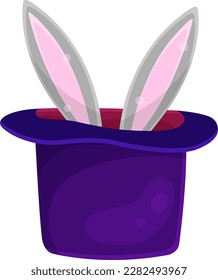 bright vector illustration of a magicians hat with a rabbit, rabbit ears, circus accessories 