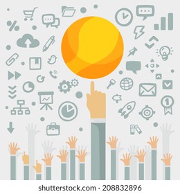 Bright vector illustration male  hand holding yellow ball on a light background with different financial application icons