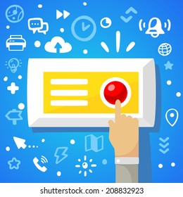 Bright vector illustration male hand presses the red button on a blue background with different financial application icons 