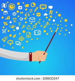 Bright vector illustration male hand hold wand on a blue background with different financial application icons