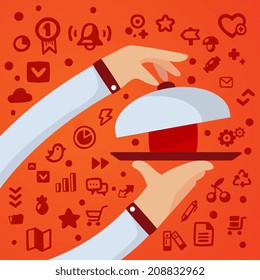 Bright vector illustration male hands hold tray with box on red background with different application icons