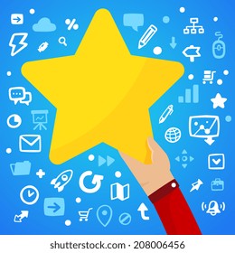 Bright vector illustration man's hand holding a large yellow star on a blue background with different application icons