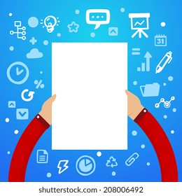 Bright vector illustration man's hand holding a large white paper on a blue background with different financial icons
