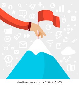 Bright vector illustration man's hand holding a red flag and puts it on top of the blue mountains on a gray background with different application icons