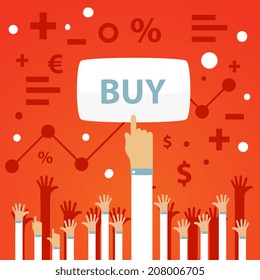 Bright vector illustration of a man's hand is raised up and presses the button to buy on a red background with raised up hands and financial icons 