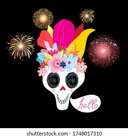 Bright vector illustration multicolored with a bouquet of skulls on a dark background for Halloween