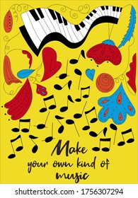 Bright vector illustration of a music concept with piano, notes and flowers around. Music poster with place for text.