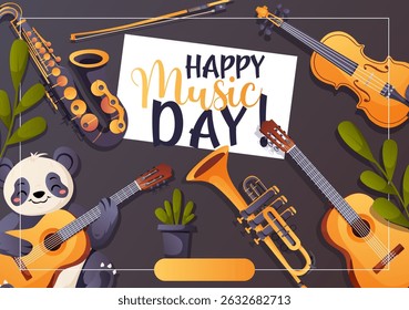 Bright vector illustration for Music Day with a panda and instruments. Perfect for kids’ events, greeting cards, posters, and social media use.
