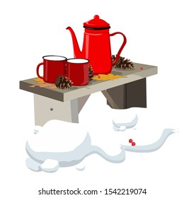 
Bright vector illustration New Year and Christmas teapot and two cups winter still life use for stickers, cards, banners, decorations, decorners