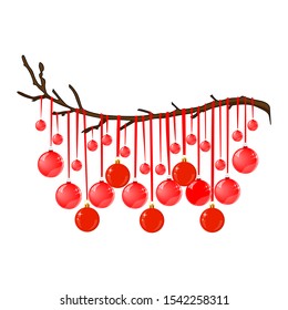 Bright vector illustration New Year and Christmas decorations on a branch Christmas balls use for stickers, cards, banners, decorations, decor