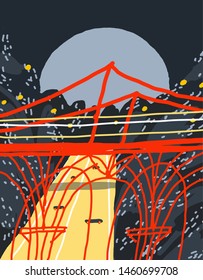 Bright vector illustration of a night. Composition with a bridge, road and trees