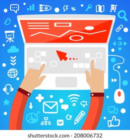 Bright vector illustration office workplace male hands on the keyboard of laptop on a blue background with different application icons