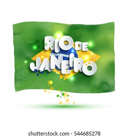 Bright vector illustration on colors flag of Brazil. Carnival,spring, text of paper style. Rio de Janeiro.