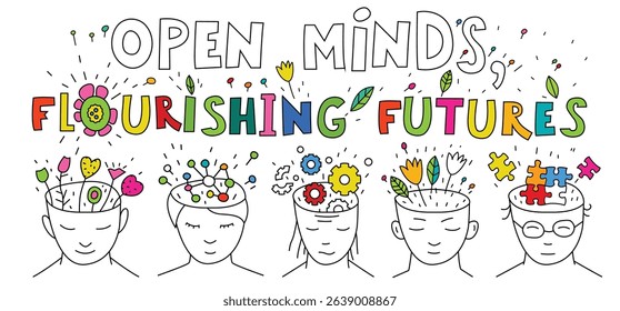 Bright vector illustration of open minds blooming with different ideas. Symbol of neurodiversity, acceptance, and creativity. Hand-drawn pop art style. Editable stroke. Landscape poster, banner