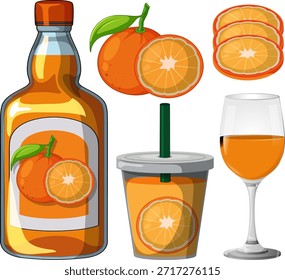 Ilustración vectorial brillante de la botella del jugo de naranja, vidrio, fruta, rebanadas, y taza para llevar