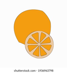 A bright vector illustration of an orange with a slice isolated on white background. A design element for prints, backgrounds for adults and kids.