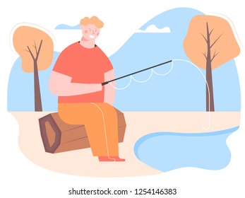 Bright vector illustration of outdoor. Funny strange character fishing on the lake. Sits on a log. Activities, sports, male occupation.