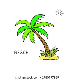 Bright vector illustration with a palm tree on a white background. Relax on the beach.