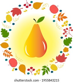 Helle Vektorgrafik einer Birne, umgeben von einem Ring aus Blattwerk, Beeren und Früchten. Symbolisiert die Ernte. Geeignet für Etiketten, Plakate, Flyer, gesunde Essen Website-Designs, veganisches Essen. EPS.
