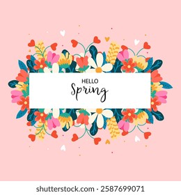 A bright vector illustration with the phrase “Hello Spring,” surrounded by flowers in a flat style. A spring minimalist design with tulips, daffodils, and decorative elements on a pastel background.