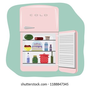 Bright vector illustration. Pink, cute refrigerator with treats inside.