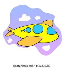 Bright vector illustration, plane in the sky with black outline
