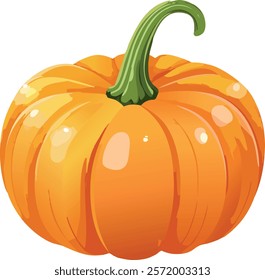 Bright vector illustration of a plump orange pumpkin with a smooth, shiny surface and a vibrant green stem, designed in a detailed cartoon style