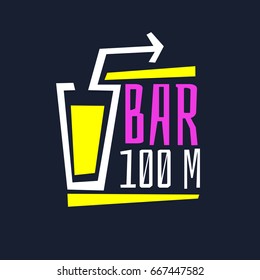 Bright vector illustration of a pointer bar with a cocktail and a straw. Poster in flat cartoon style
