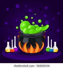 Bright vector illustration, poster, postcard for Happy Halloween. The holiday,  witches cauldron, potion, bottles, chemical reaction, magic. Banner or background for Halloween Party Night.