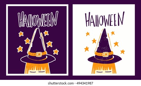Bright vector illustration, poster, postcard for Halloween. Modern and stylish hand drawn lettering. Witch hat. Hand-painted inscription. Background for Halloween. Little girl witch. Bright stars.