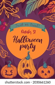 Bright vector illustration with pumpkins, jack-o-lantern autumn leaves, berries and lettering in vintage style. For Halloween party invitations, posters, postcards, banners and flyers.