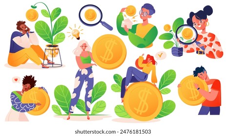 Bright vector illustration, ready-to-use composition set, easy to add and change for your designs.Topic of finance, profit, investing your money, successful investment. Metaphor, characters grow money