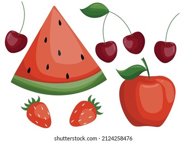 bright vector illustration with red fruits. bright fruits on a white background. a set of vector isolated strawberry icons