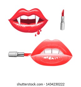 Bright vector illustration of red lips with lipstick isolated on white background. Design for advertising, web or postcard.