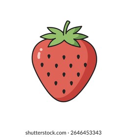 Bright vector illustration of a red strawberry with green leaves and black seeds, on a white background. Simple, fresh, perfect for food, health, and nature-related projects